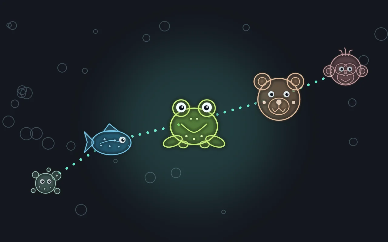 Evolution Idle: glowing creatures evolving from primordial soup to a fish, frog, bear and monkey