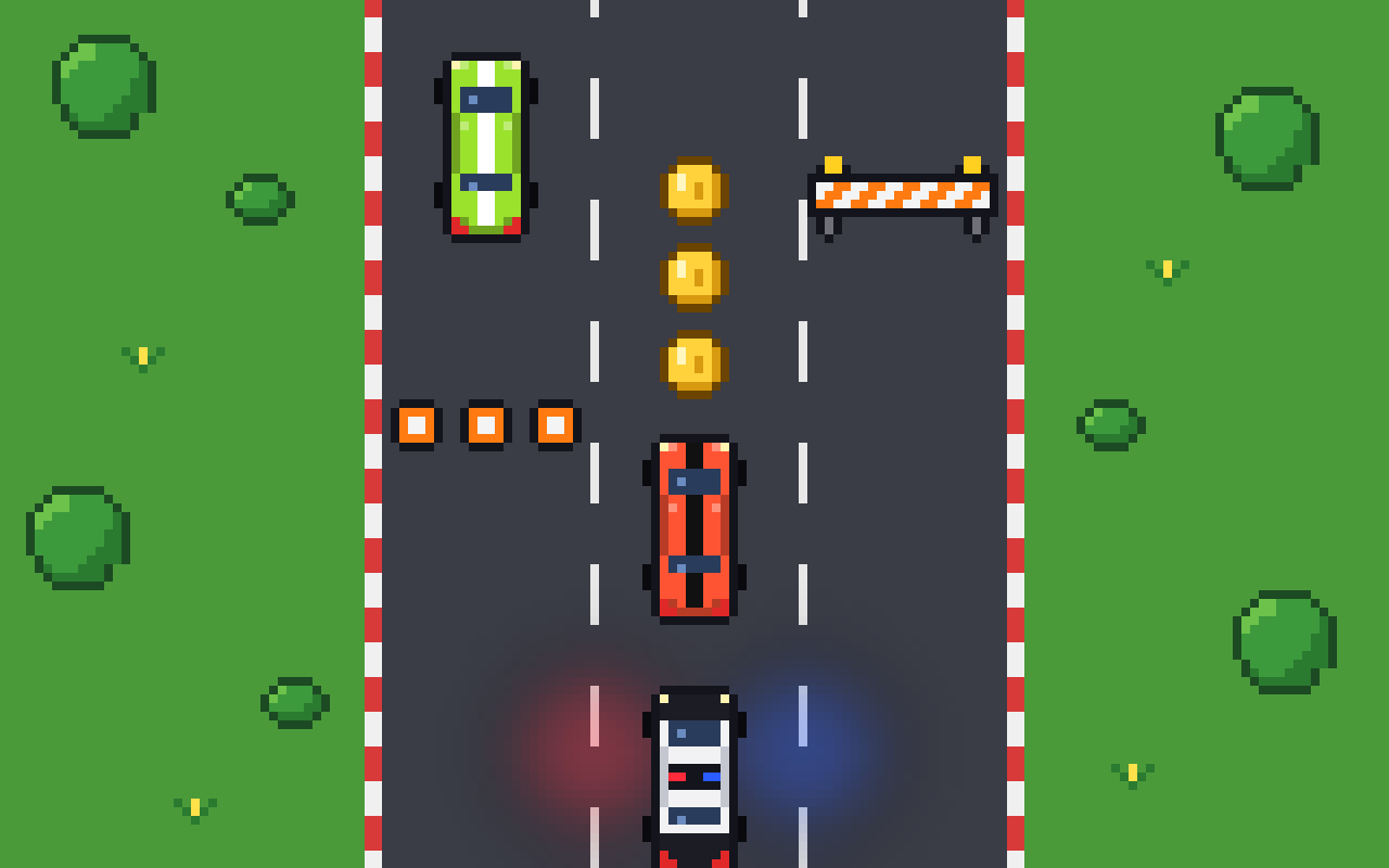 Police: Escape: pixel-art red car fleeing a police car on a three-lane road, with traffic, cones and coins